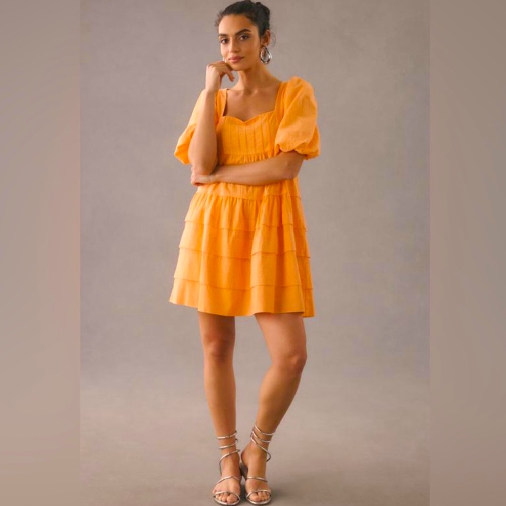 By  Anthropologie Orange Square-Neck Puff Sleeve Tiered Dress Size Large